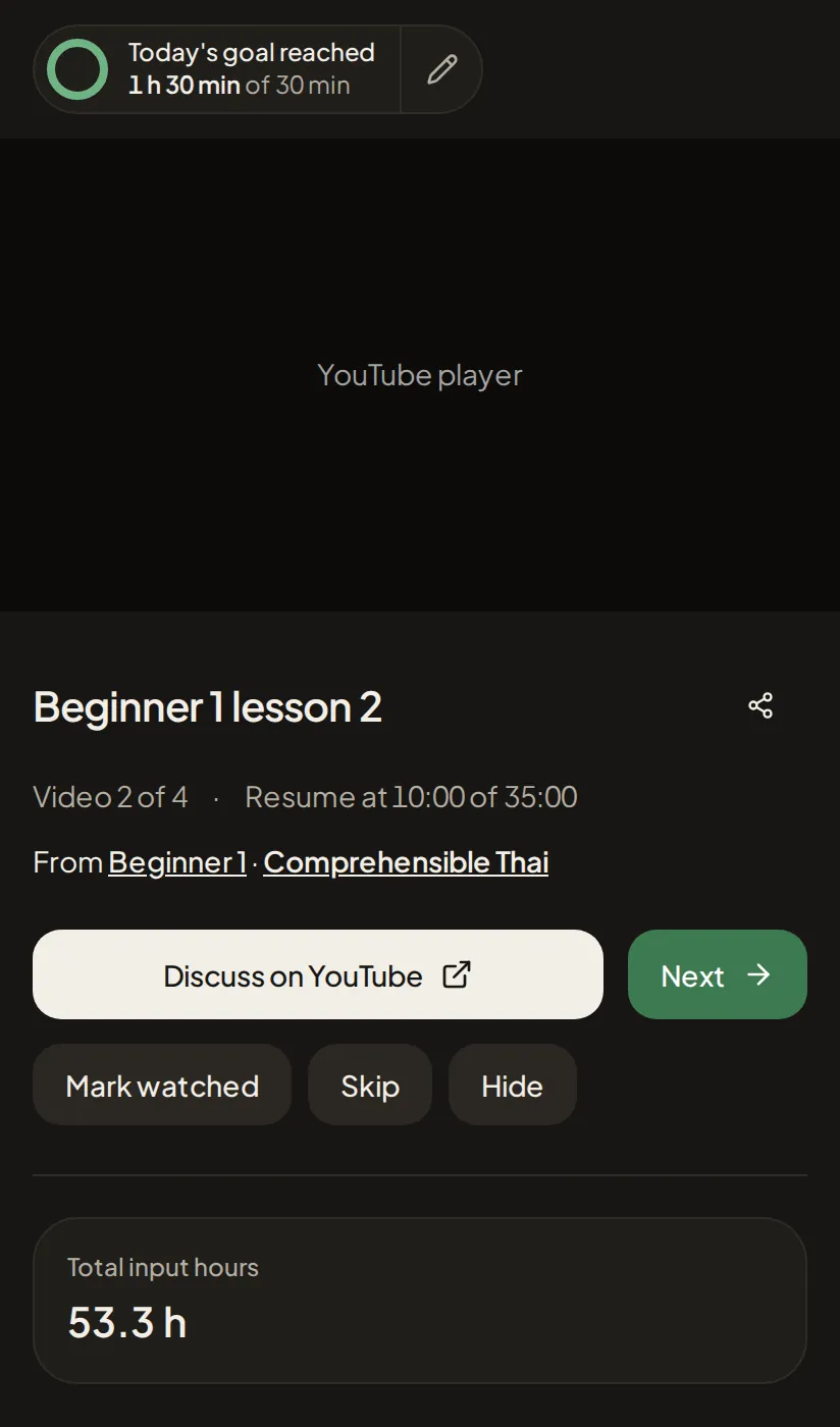 The watch screen: the video player above the lesson title Beginner 1 lesson 2, its place in the course as video 2 of 4 of Comprehensible Thai with a note that it resumes at 10:00 of 35:00, and the row of controls for going to the next video or marking this one watched, skipped or hidden.
